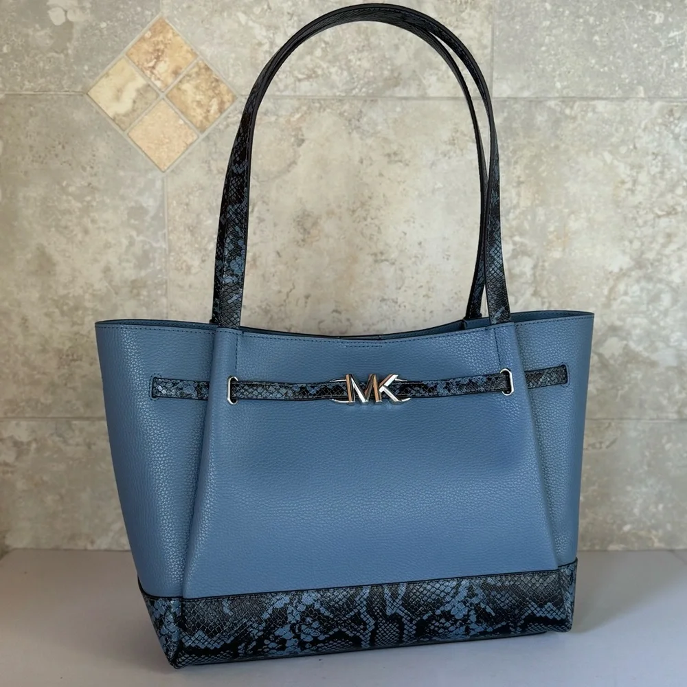 Michael Kors Blue Leather Tote with Snake-Print Accents - Picture 5 of 15